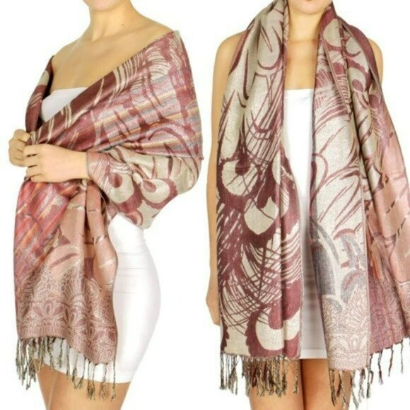 NWT Gorgeous Reversible Peacock's Feather Fringed Pashmina Shawl Evening Wrap